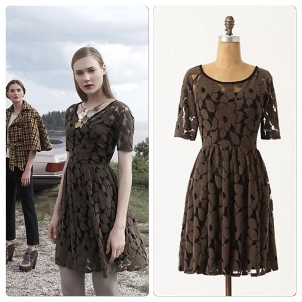 Anthropologie Brown Lace with Black Slip Mini Dress Size Small Weston Wear - Picture 1 of 8